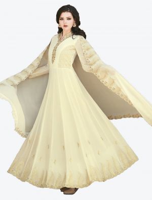 Light Cream Soft Georgette Semi Stitched Floor Length Suit with Dupatta small FABSL20387