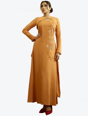 pastel orange rayon cotton designer gown   fabgo20082