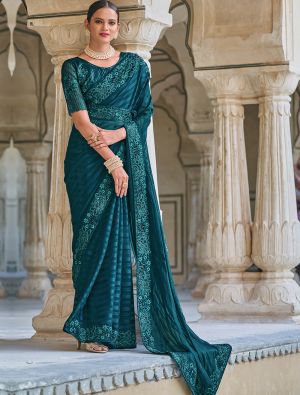 Rama Fancy Embroidered Saree With Moti Work