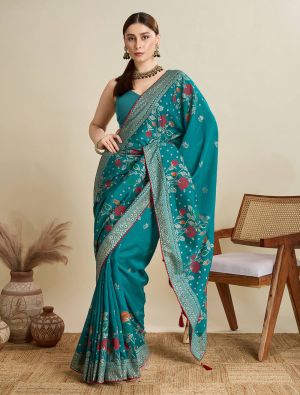 Rama Green Cotton Saree With Table Print