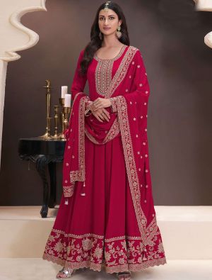 Red Chinon Semi Stitched Anarkali Suit small FABSL22231