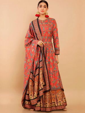 Red Dola Silk Digital Printed Readymade Anarkali Suit FABSL21619