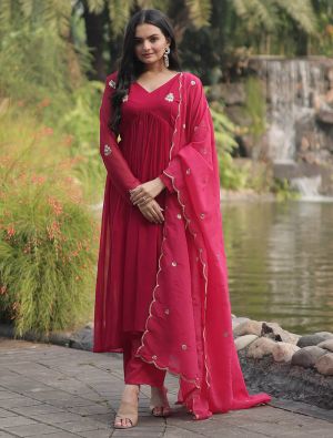 Red Georgette Embroidered Readymade Palazzo Suit FABSL21745