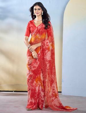 Red Georgette Ready To Wear Saree With Unstitched Blouse