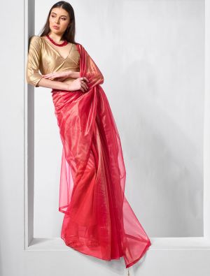 Red Gold Tissue Net Fancy Party Wear Saree