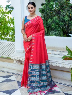 Red Tussar Silk Saree With Silver And Copper Zari Weaves