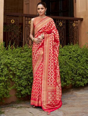 Red Viscose Silk Saree With Brocade Weaving