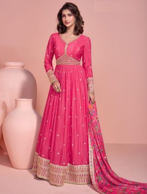 Reddish Pink Chinon Ready To Wear Anarkali Suit In Free Size small FABSL22237
