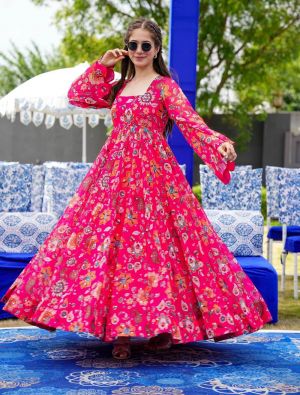reddish pink georgette printed readymade gown fabgo20256