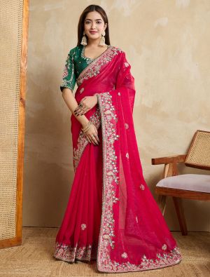 Reddish Pink Poly Chiffon Embroidered Saree