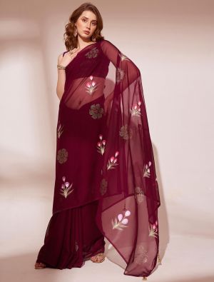 Rich Wine Blooming Organza Saree With Brush Print