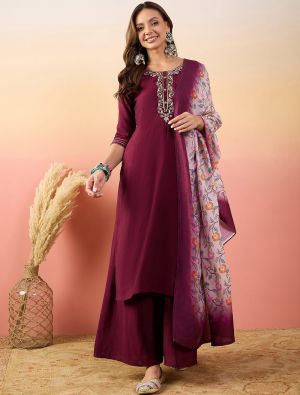 Rich Wine Silk Blend Embroidered Readymade Salwar Kameez FABSL21960