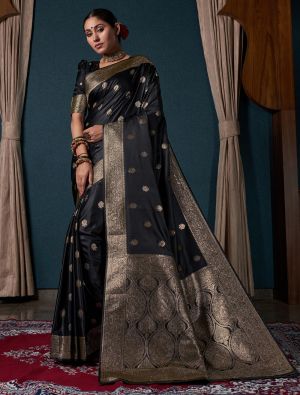Royal Black Satin Silk Premium Saree With Zari Work