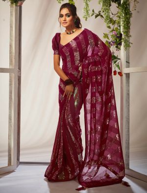 Royal Maroon Georgette Party Wear Saree With Sequins