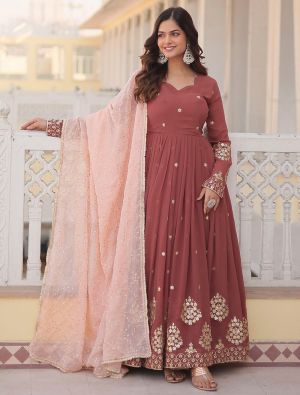 rust brown georgette flared anarkali gown with dupatta fabgo20277