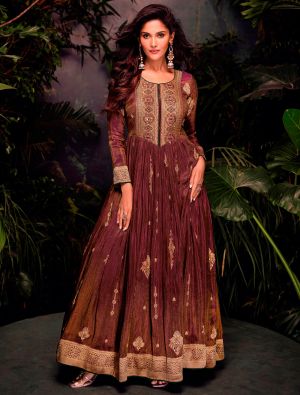Rust Brown Jacquard Silk Ready To Wear Anarkali Suit In XL small FABSL22195