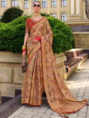 Rust Orange Jacquard Silk Elegant Saree With Woven Work