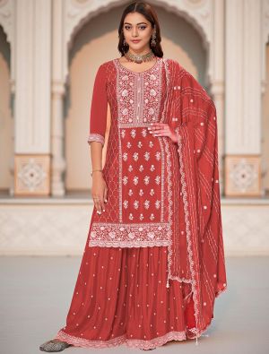 Rust Red Chinon Embroidered Ready To Wear Palazzo Suit FABSL22254