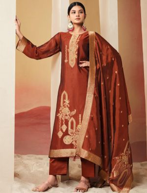 Rusty Red Silk Jacquard Elegant Salwar Kameez small FABSL22174