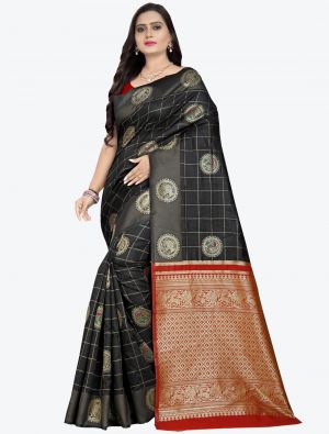 Black Banarasi cotton silk Designer Saree small FABSA20789