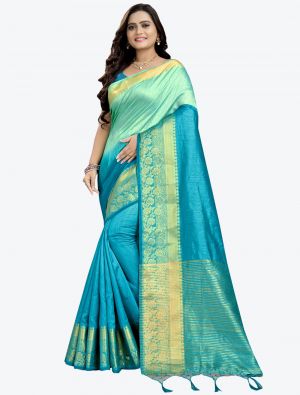 Sky Blue Cotton Silk Designer Saree small FABSA20796