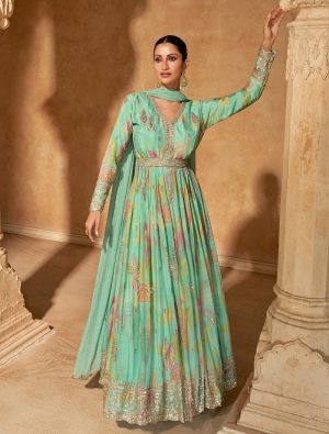 Sea Green Chinon Pre Stitched Anarkali Suit In XL small FABSL22122