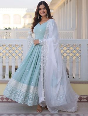 sky blue georgette flared anarkali gown with dupatta fabgo20276