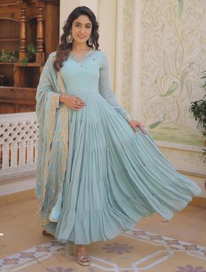 sky blue georgette sequined anarkali gown with dupatta fabgo20285