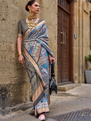 Sky Blue Printed Silk Party Wear Saree With Woven Zari
