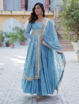 sky blue star georgette anarkali gown with dupatta fabgo20360