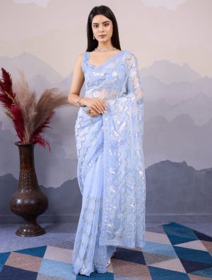 Sky Blue Twill Net Stylish Party Wear Saree