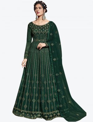 Bottle Green Net Semi Stitched Floor Length Suit with Dupatta FABSL20398