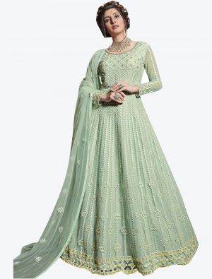 Faint Green Net Semi Stitched Floor Length Suit with Dupatta FABSL20404
