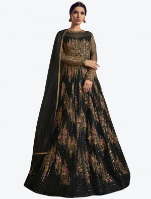 Raven Black Net Semi Stitched Floor Length Suit with Dupatta FABSL20396
