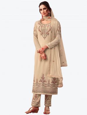 Cream Embroidered Fine Georgette Straight Suit with Dupatta small FABSL20539