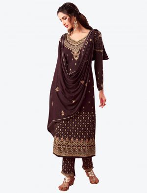 Dark Brown Embroidered Fine Georgette Straight Suit with Dupatta small FABSL20537