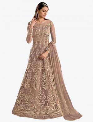 deep beige butterfly net semi stitched party wear gown with dupatta fabgo20107