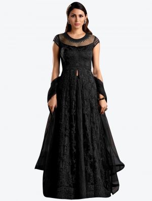 deep black butterfly net semi stitched party wear gown with dupatta fabgo20109