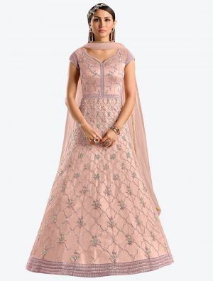 onion pink butterfly net semi stitched party wear gown with dupatta fabgo20102