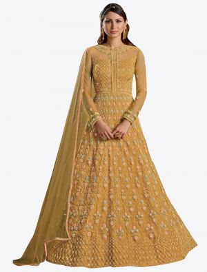 pastel yellow butterfly net semi stitched party wear gown with dupatta fabgo20105