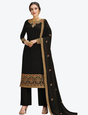 Black Embroidered Georgette Designer Straight Suit with Dupatta small FABSL20574