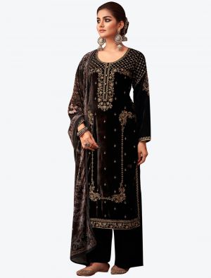 Dark Brown Embroidered Pure Velvet Designer Straight Suit with Dupatta FABSL20588