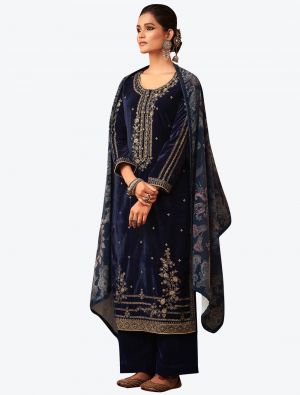 Navy Blue Embroidered Pure Velvet Designer Straight Suit with Dupatta FABSL20591