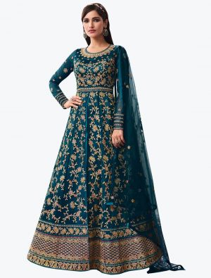 Teal Blue Net Party Wear Premium Designer Anarkali Suit small FABSL20903