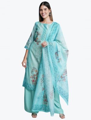 Turquoise Chanderi Silk Party Wear Designer Palazzo Suit small FABSL20882