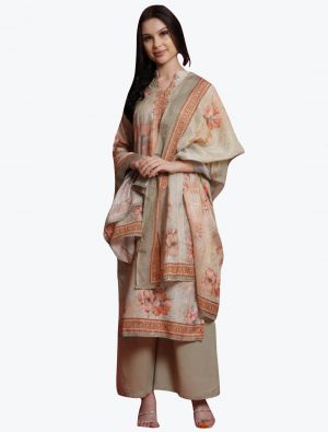 Creamy Beige Satin Digital Printed Festive Wear Salwar Suit small FABSL21009