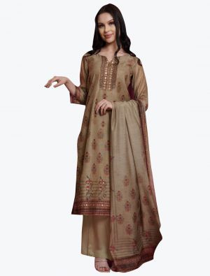 Golden Beige Chanderi Digital Printed Festive Wear Salwar Suit small FABSL21013