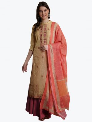 Golden Beige Cotton Jacquard Salwar Suit with Digital Printed Dupatta small FABSL21023