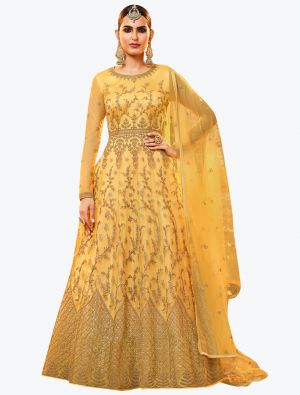 Golden Yellow Net Exclusive Designer Floor Length Suit with Dupatta small FABSL20999