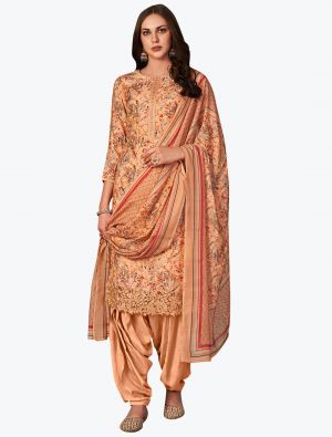 Bright Peach Muslin Embroidered Designer Patiala Suit with Dupatta small FABSL21086